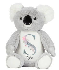 Timber Tinkers - Personalised Koala Plush - Grey Floral Letter - Timber Tinkers