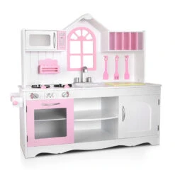 Kids Wooden Kitchen Play Set - White & Pink - Toy Warehouse