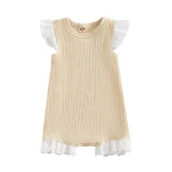 Frilly Sleeves Ribbed Rompers | Beige - Affordable Baby