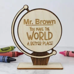 Meridian Etch - Personalised Wooden Teacher Globe Desk Sign - Meridian Etch