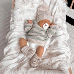 3 Little Crowns - Chunky Knit Jumper | Muted Green & Mushroom Stripes - 3 Little Crowns