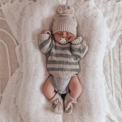 3 Little Crowns - Chunky Knit Jumper | Muted Green & Mushroom Stripes - 3 Little Crowns -MY LITTLE SHOP mutedgreenstripe