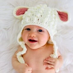 Tinker Tot Baby - Handmade Crochet Beanie – Lamb With Pink Ears - Tinker Tot Baby